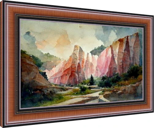 Watercolor artwork of towering pink and terracotta desert canyon rocks under a soft hazy sky with green foliage below. — photo frame preview | PrintPosters.in