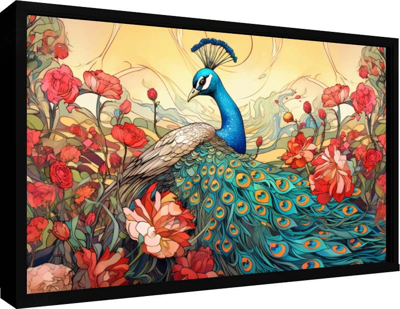 Art Nouveau Peacock and Roses Canvas Print wall art print — floater frame preview | PrintPosters.in