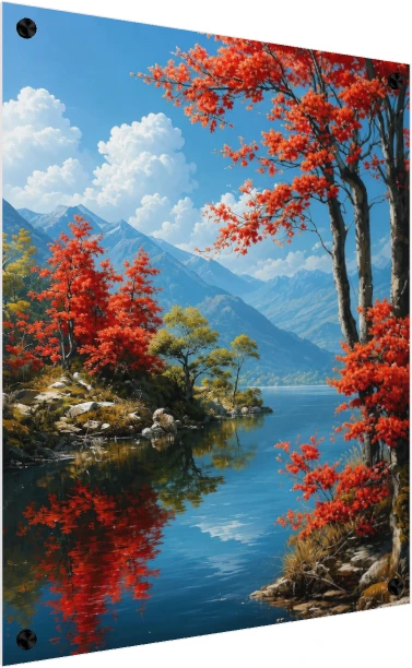 Bright red autumn trees flanking a mirror-like blue lake reflecting mountains under a sunny sky. — acrylic preview | PrintPosters.in