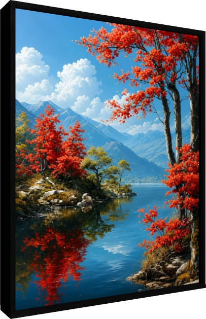 Bright red autumn trees flanking a mirror-like blue lake reflecting mountains under a sunny sky. — floater frame preview | PrintPosters.in