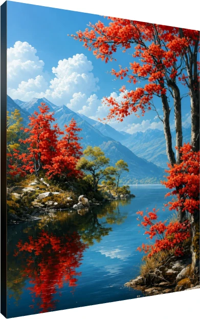 Bright red autumn trees flanking a mirror-like blue lake reflecting mountains under a sunny sky. | PrintPosters.in