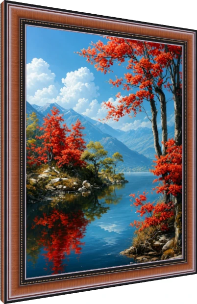 Bright red autumn trees flanking a mirror-like blue lake reflecting mountains under a sunny sky. — photo frame preview | PrintPosters.in