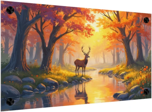 A majestic stag standing beside a glowing river in a golden autumn forest filled with bright orange and red trees. — acrylic preview | PrintPosters.in