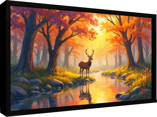 A majestic stag standing beside a glowing river in a golden autumn forest filled with bright orange and red trees. — floater frame preview | PrintPosters.in