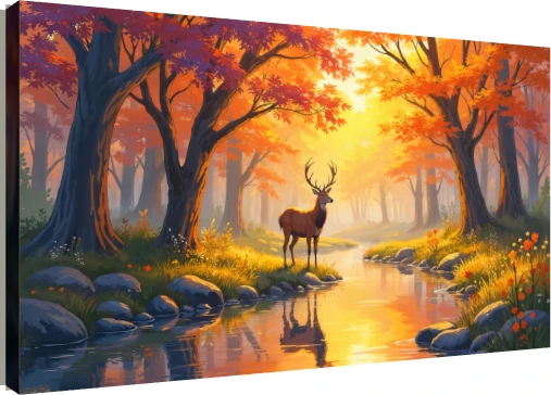 A majestic stag standing beside a glowing river in a golden autumn forest filled with bright orange and red trees. | PrintPosters.in