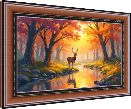 A majestic stag standing beside a glowing river in a golden autumn forest filled with bright orange and red trees. — photo frame preview | PrintPosters.in