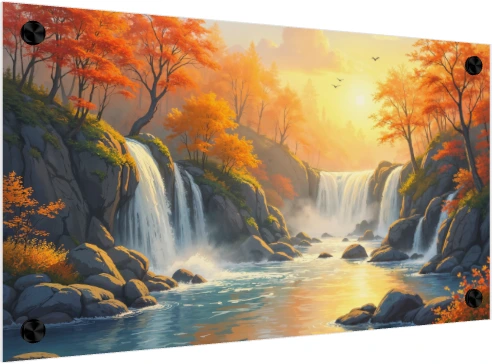 Golden sunset illuminating waterfalls surrounded by vivid orange autumn trees cascading into a tranquil blue river. — acrylic preview | PrintPosters.in