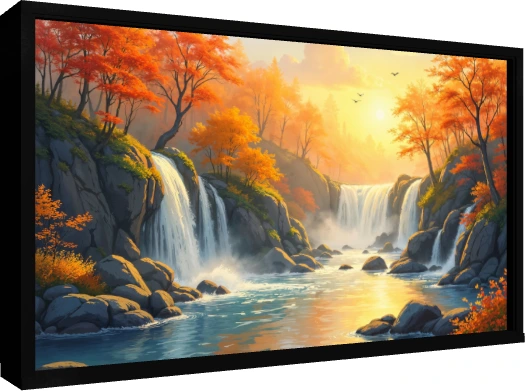 Golden sunset illuminating waterfalls surrounded by vivid orange autumn trees cascading into a tranquil blue river. — floater frame preview | PrintPosters.in