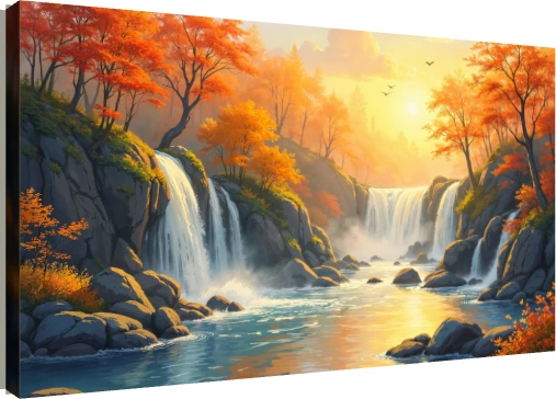 Golden sunset illuminating waterfalls surrounded by vivid orange autumn trees cascading into a tranquil blue river. | PrintPosters.in
