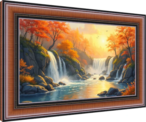 Golden sunset illuminating waterfalls surrounded by vivid orange autumn trees cascading into a tranquil blue river. — photo frame preview | PrintPosters.in