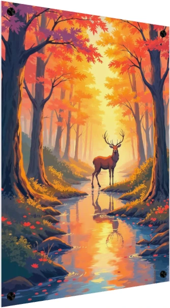 A majestic antlered deer standing in a clear forest stream surrounded by glowing orange and golden autumn trees. — acrylic preview | PrintPosters.in