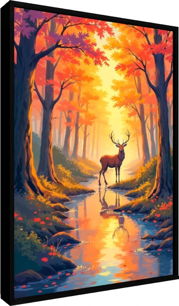 A majestic antlered deer standing in a clear forest stream surrounded by glowing orange and golden autumn trees. — floater frame preview | PrintPosters.in
