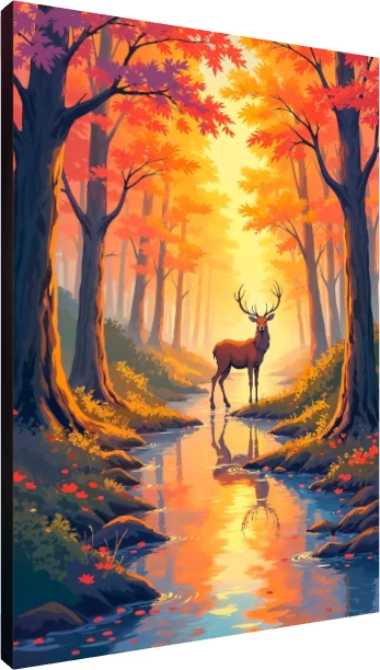 A majestic antlered deer standing in a clear forest stream surrounded by glowing orange and golden autumn trees. | PrintPosters.in