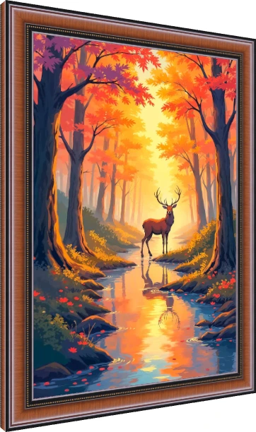 A majestic antlered deer standing in a clear forest stream surrounded by glowing orange and golden autumn trees. — photo frame preview | PrintPosters.in