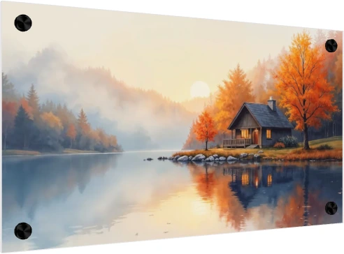 A serene watercolor artwork depicting a cozy wooden cabin on a lake shore amidst misty golden orange autumn trees. — acrylic preview | PrintPosters.in