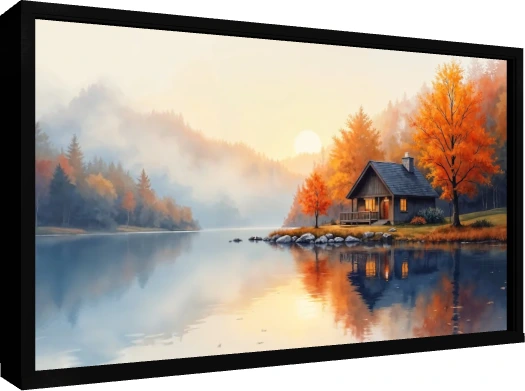 A serene watercolor artwork depicting a cozy wooden cabin on a lake shore amidst misty golden orange autumn trees. — floater frame preview | PrintPosters.in