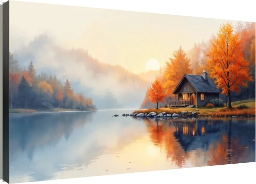 A serene watercolor artwork depicting a cozy wooden cabin on a lake shore amidst misty golden orange autumn trees. | PrintPosters.in