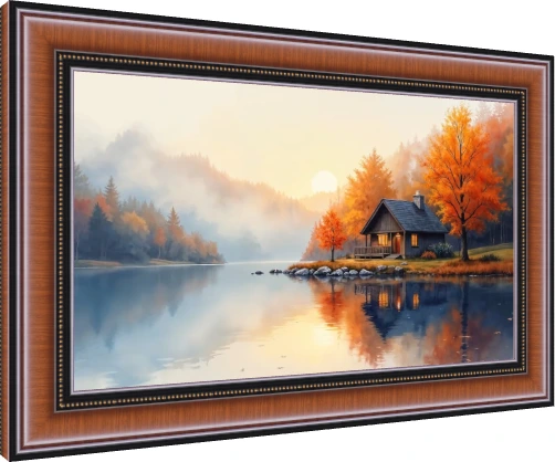 A serene watercolor artwork depicting a cozy wooden cabin on a lake shore amidst misty golden orange autumn trees. — photo frame preview | PrintPosters.in