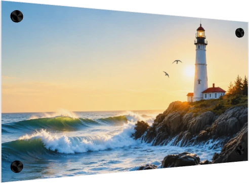 A historic white lighthouse stands on a rocky cliff beside crashing emerald waves during a golden sunset. — acrylic preview | PrintPosters.in