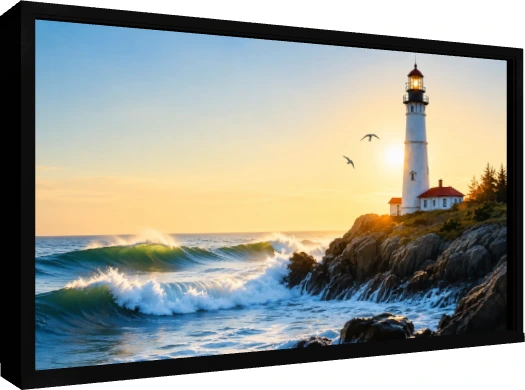 A historic white lighthouse stands on a rocky cliff beside crashing emerald waves during a golden sunset. — floater frame preview | PrintPosters.in