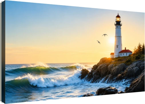 A historic white lighthouse stands on a rocky cliff beside crashing emerald waves during a golden sunset. | PrintPosters.in