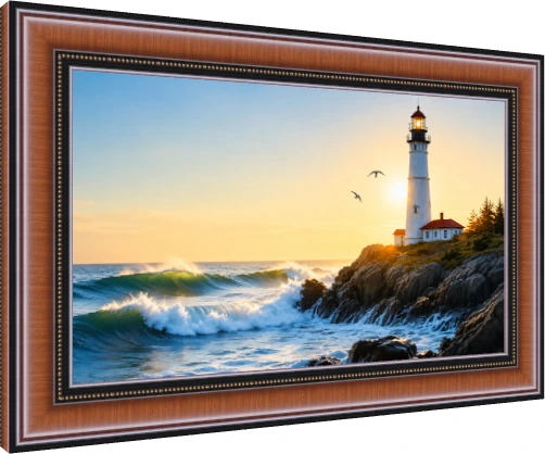 A historic white lighthouse stands on a rocky cliff beside crashing emerald waves during a golden sunset. — photo frame preview | PrintPosters.in