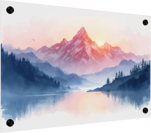 Soft watercolor illustration of a snow-dusted mountain peak glowing pink in morning sunlight over a misty lake and blue pine forest. — acrylic preview | PrintPosters.in