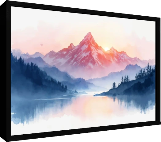 Soft watercolor illustration of a snow-dusted mountain peak glowing pink in morning sunlight over a misty lake and blue pine forest. — floater frame preview | PrintPosters.in