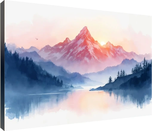 Soft watercolor illustration of a snow-dusted mountain peak glowing pink in morning sunlight over a misty lake and blue pine forest. | PrintPosters.in