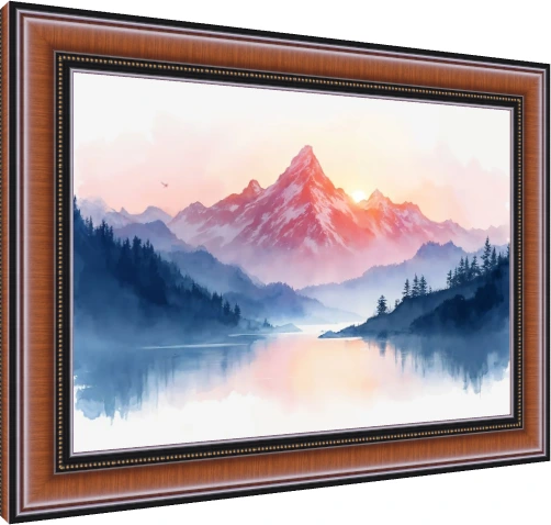 Soft watercolor illustration of a snow-dusted mountain peak glowing pink in morning sunlight over a misty lake and blue pine forest. — photo frame preview | PrintPosters.in