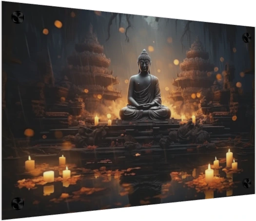 A serene statue of Lord Buddha meditating amidst warm glowing candles and reflective dark water. — acrylic preview | PrintPosters.in