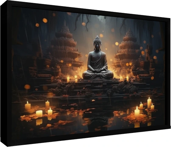 A serene statue of Lord Buddha meditating amidst warm glowing candles and reflective dark water. — floater frame preview | PrintPosters.in