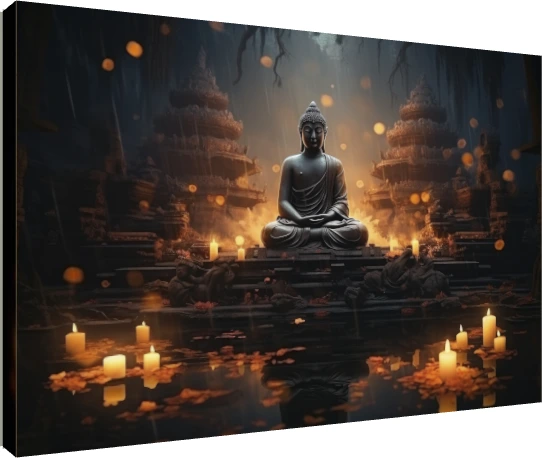 A serene statue of Lord Buddha meditating amidst warm glowing candles and reflective dark water. | PrintPosters.in