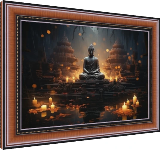 A serene statue of Lord Buddha meditating amidst warm glowing candles and reflective dark water. — photo frame preview | PrintPosters.in