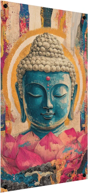 Contemporary blue Buddha portrait in meditation rising from a pink lotus flower with a golden halo. — acrylic preview | PrintPosters.in