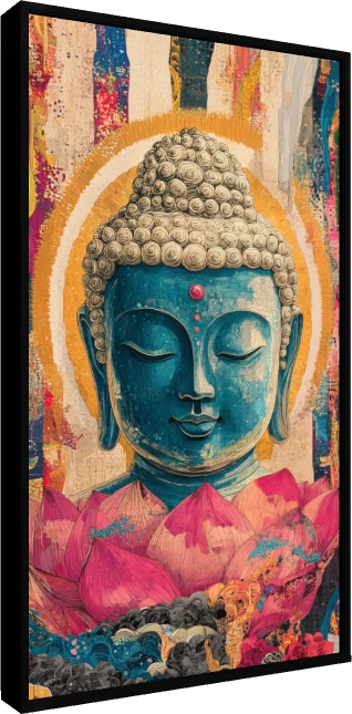 Contemporary blue Buddha portrait in meditation rising from a pink lotus flower with a golden halo. — floater frame preview | PrintPosters.in