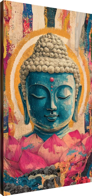Contemporary blue Buddha portrait in meditation rising from a pink lotus flower with a golden halo. | PrintPosters.in