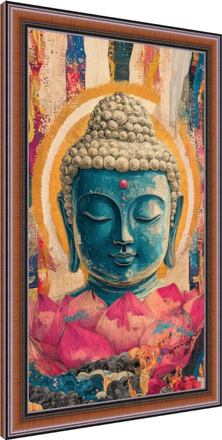 Contemporary blue Buddha portrait in meditation rising from a pink lotus flower with a golden halo. — photo frame preview | PrintPosters.in