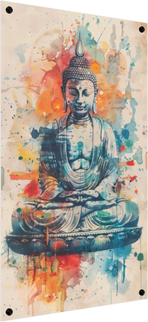 Watercolor painting of Lord Buddha sitting cross-legged in deep meditation on a lotus base with colorful splashes. — acrylic preview | PrintPosters.in