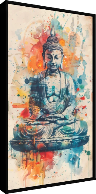 Watercolor painting of Lord Buddha sitting cross-legged in deep meditation on a lotus base with colorful splashes. — floater frame preview | PrintPosters.in