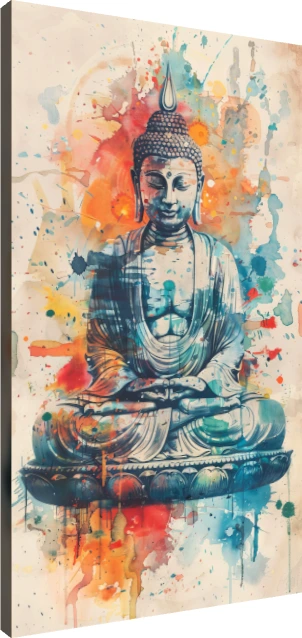Watercolor painting of Lord Buddha sitting cross-legged in deep meditation on a lotus base with colorful splashes. | PrintPosters.in