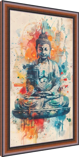 Watercolor painting of Lord Buddha sitting cross-legged in deep meditation on a lotus base with colorful splashes. — photo frame preview | PrintPosters.in