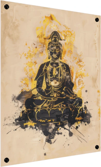 Abstract black ink silhouette of Lord Buddha in lotus posture surrounded by a radiant golden splatter halo. — acrylic preview | PrintPosters.in