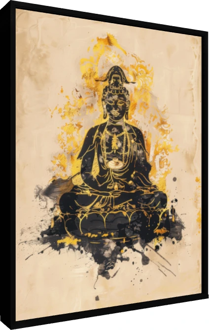 Abstract black ink silhouette of Lord Buddha in lotus posture surrounded by a radiant golden splatter halo. — floater frame preview | PrintPosters.in