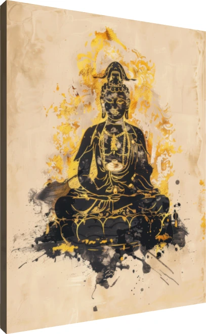 Abstract black ink silhouette of Lord Buddha in lotus posture surrounded by a radiant golden splatter halo. | PrintPosters.in