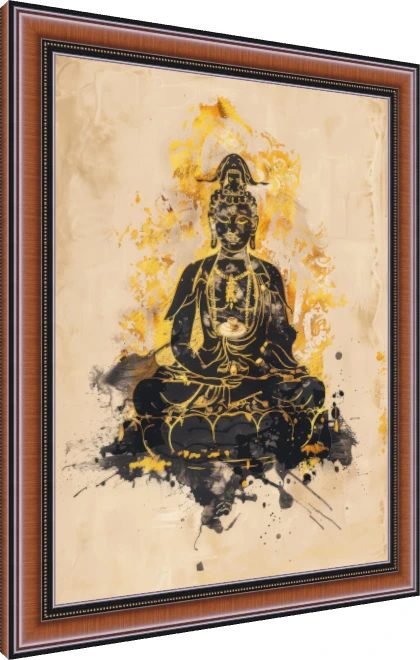 Abstract black ink silhouette of Lord Buddha in lotus posture surrounded by a radiant golden splatter halo. — photo frame preview | PrintPosters.in