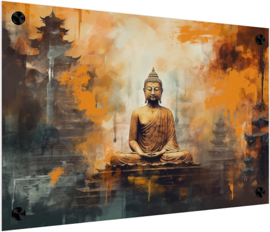 Abstract artwork of Lord Buddha in meditation with warm saffron paint splashes and temple silhouettes. — acrylic preview | PrintPosters.in
