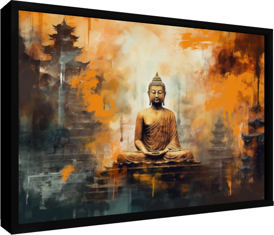 Abstract artwork of Lord Buddha in meditation with warm saffron paint splashes and temple silhouettes. — floater frame preview | PrintPosters.in