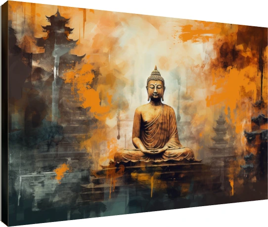 Abstract artwork of Lord Buddha in meditation with warm saffron paint splashes and temple silhouettes. | PrintPosters.in