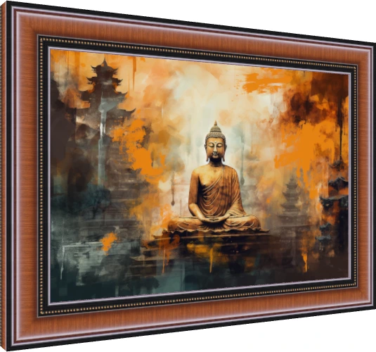 Abstract artwork of Lord Buddha in meditation with warm saffron paint splashes and temple silhouettes. — photo frame preview | PrintPosters.in